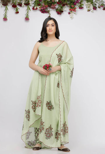 Light Green Kota Hand-Block Printed Dupatta with a scalping finish